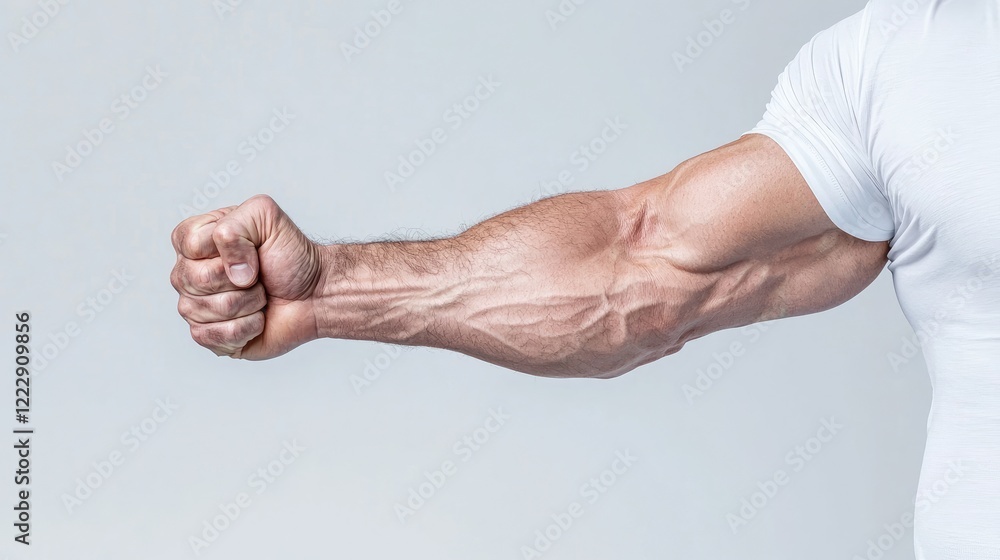 Fototapeta premium Muscular arm, clenched fist, studio shot, grey background, fitness
