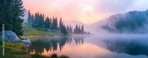 Misty morning scene of Lacu Rosu lake. Foggy summer sunrise in Harghita County, Romania, Europe. Beauty of nature concept background. photo