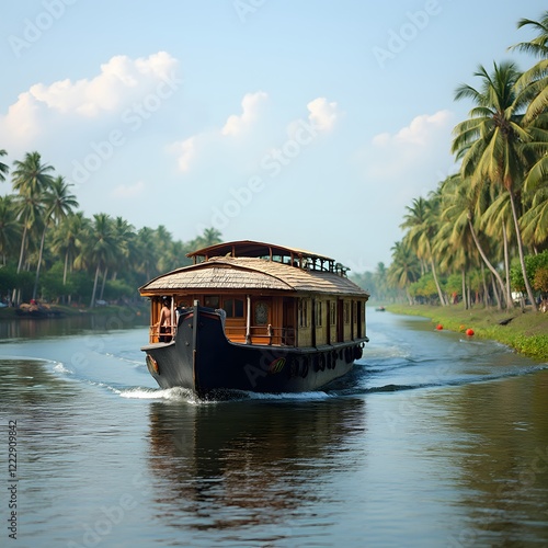 a traditional kerala houseboat drifting along the calm backwaters with palm trees lining the shores