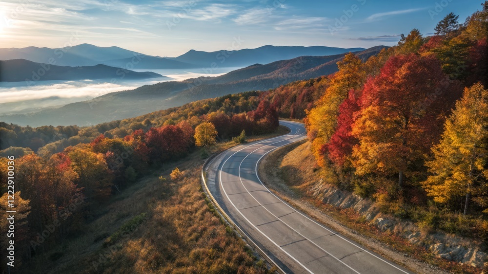 Scenic Byway Drone Photography: Breathtaking Aerial Views of Winding Road Through Autumn Forest Scenic Byway Drone Photography: Breathtaking Aerial Views of Winding Road Through Autumn Forest