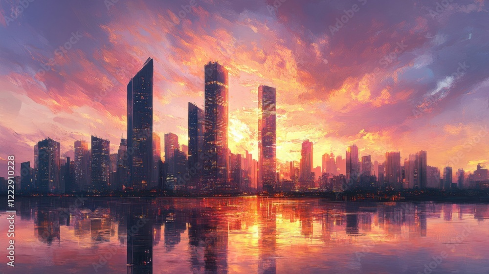 Fototapeta premium modern skyline with tall towers, golden hour colors filling sky, reflections on river below, peaceful and serene cityscape, warm atmosphere