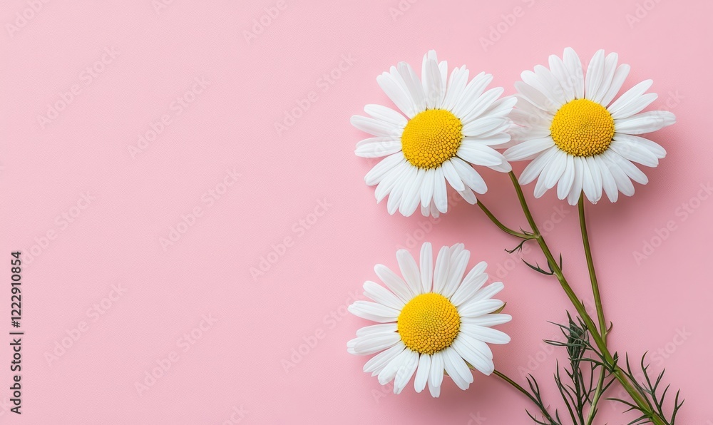 Minimal styled concept. White daisy chamomile flowers on pale pink background. Minimal styled concept. White daisy chamomile flowers on pale pink background.
