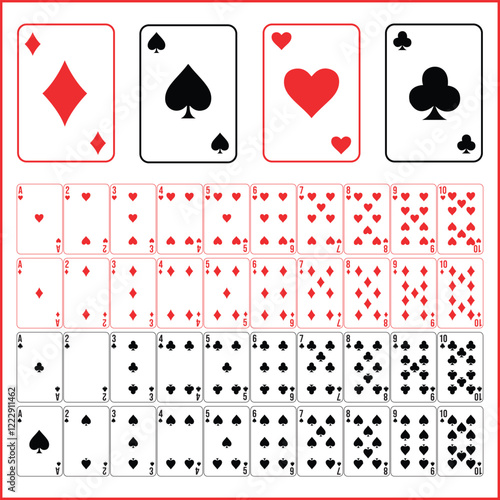 Poker set with isolated cards. Poker playing cards, full deck, playing cards vactor, All types of playing cards. 