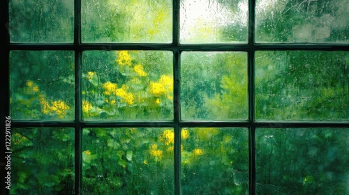 reflection of a forest in a rain-speckled windowpane, intricate and detailed textures, serene and reflective atmosphere, glowing natural lighting, artistic focus
