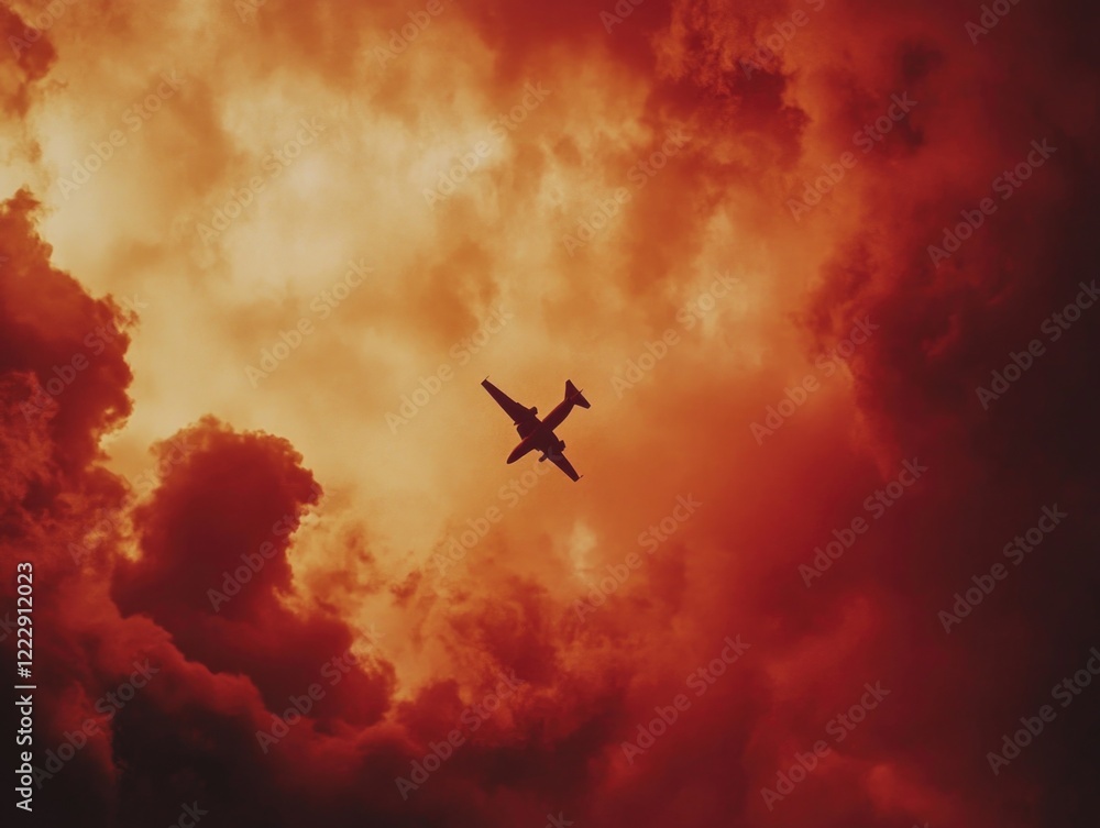 Naklejka premium Plane in Red Cloudy Sky