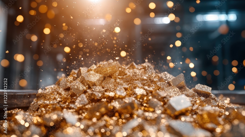 An intriguing close-up of shimmering golden crystals in an industrial setting, showcasing the beauty and sparkle of minerals during manufacturing processes. An intriguing close-up of shimmering golden crystals in an industrial setting, showcasing the beauty and sparkle of minerals during manufacturing processes.