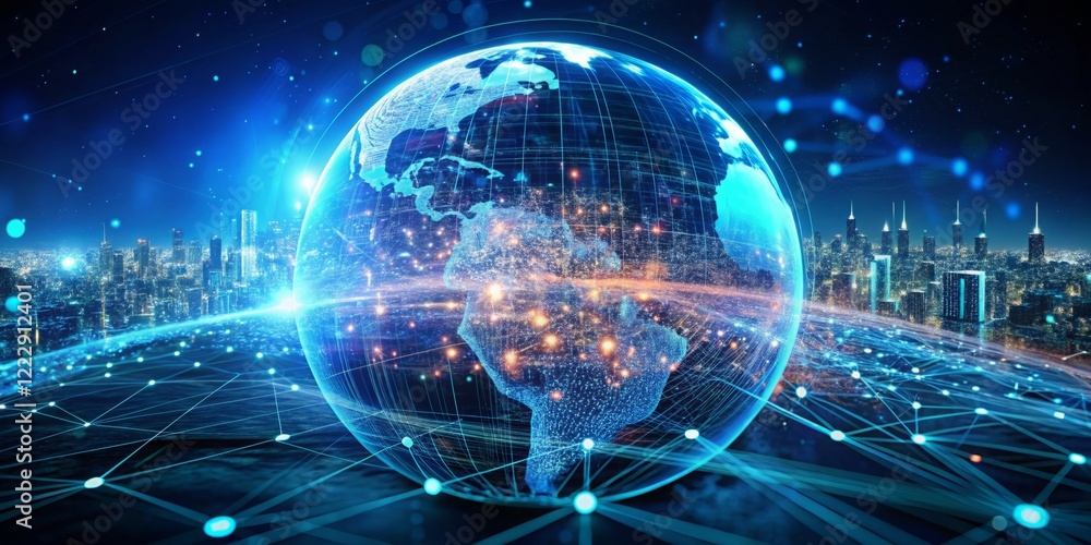 Futuristic Digital Globe with Network Connections over City Landscape Futuristic Digital Globe with Network Connections over City Landscape