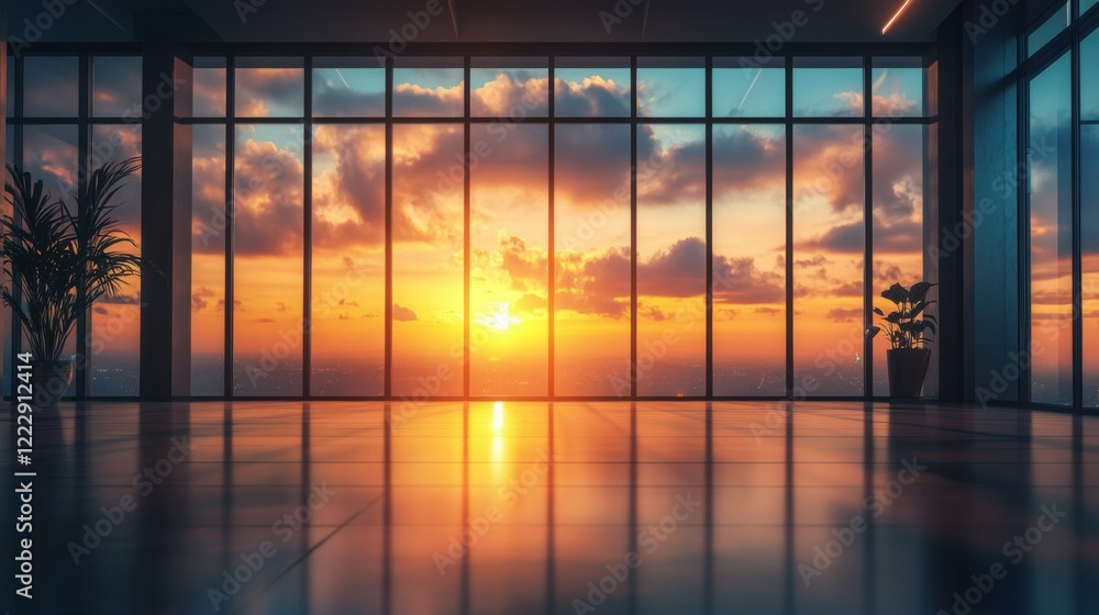 Fototapeta premium sunrise visible through a large floor-to-ceiling window, sharp and vivid details, serene and peaceful atmosphere, glowing and dynamic composition, artistic focus