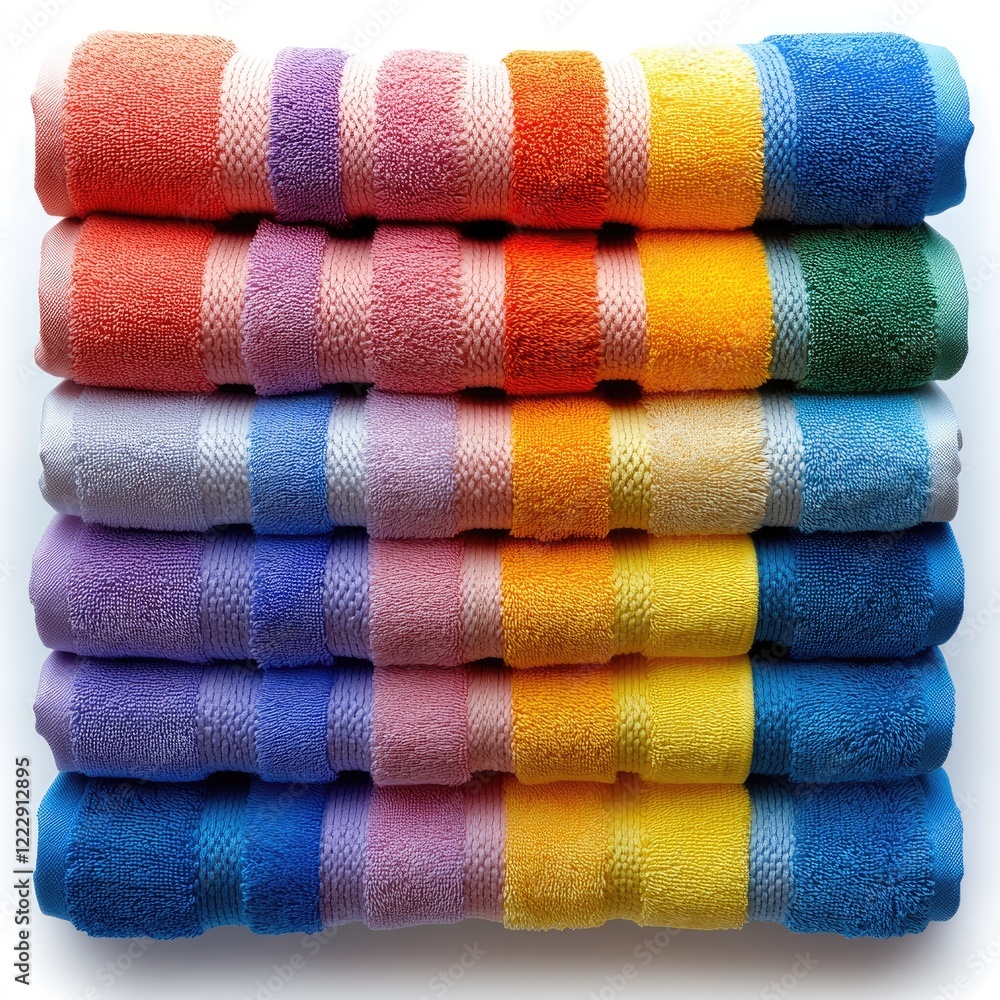 Stacked colorful towels in vibrant hues arranged neatly on a flat surface with soft lighting Stacked colorful towels in vibrant hues arranged neatly on a flat surface with soft lighting