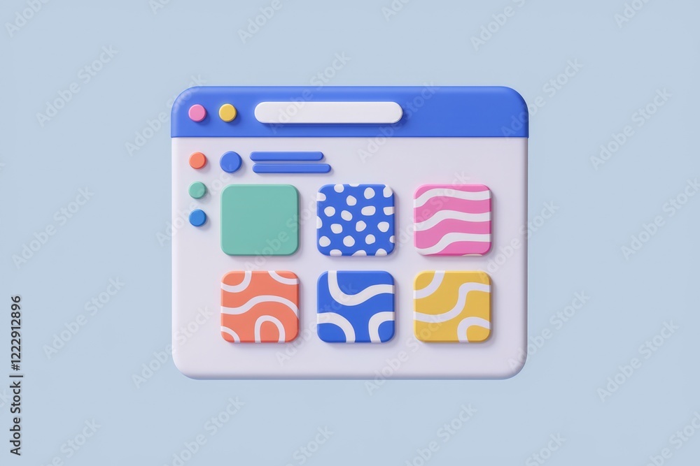 Fototapeta premium A 3D rendering of a website interface with colorful abstract patterns and buttons.