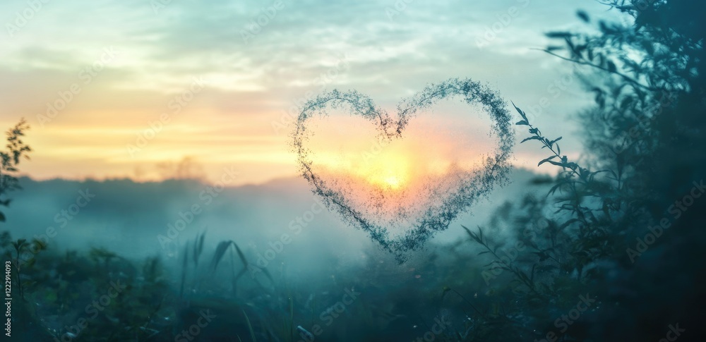 Abstract Background with Heart Shape Drawn on Fogged Window Glass at Sunset, Beautiful Nature Landscape in Blurred Background, Love and Valentine's Day Banner or Poster Abstract Background with Heart Shape Drawn on Fogged Window Glass at Sunset, Beautiful Nature Landscape in Blurred Background, Love and Valentine's Day Banner or Poster