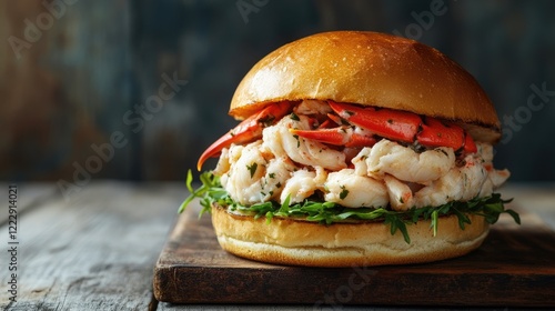 Fresh crab meat sandwich on wooden board highlighting seafood quality with natural textures and space for text placement photo