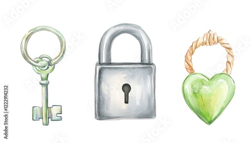 A beautifully illustrated key, padlock, and heart-shaped lock, symbolizing security and love in a creative design
