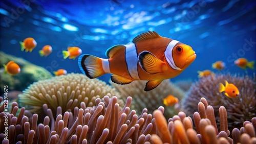 A clown fish swimming near a coral reef in the deep blue ocean with schools of small fish in the background, clownfish, marine life