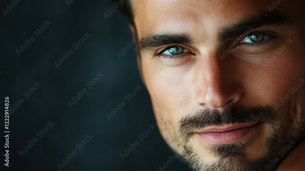 Fototapeta premium Handsome man with striking blue eyes gazing at the camera with dark background and empty space for text or graphic overlay