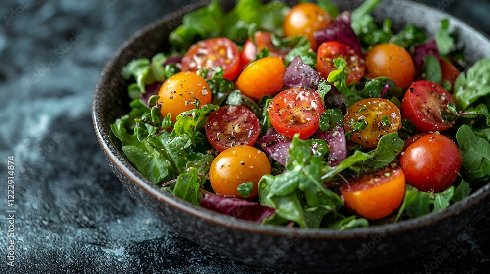Fresh salad bowl, cherry tomatoes, greens, dark background, healthy food, recipe Fresh salad bowl, cherry tomatoes, greens, dark background, healthy food, recipe