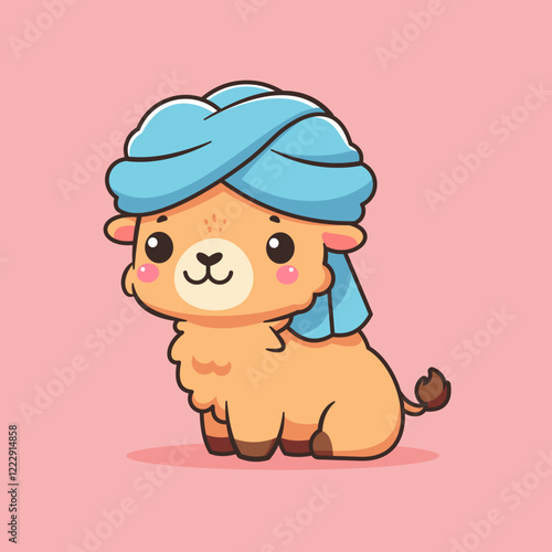 Cute cartoon camel in a chibi style, sitting and wearing a blue turban