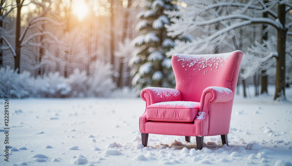 custom made wallpaper toronto digitalWhimsical pink armchair in snowy clearing, cozy contrast