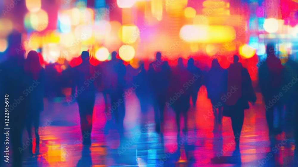 dynamic crowd silhouettes, colorful lights, blurred motion, nightlife vibe, vibrant atmosphere, modern city energy, abstract shapes, lively social scene dynamic crowd silhouettes, colorful lights, blurred motion, nightlife vibe, vibrant atmosphere, modern city energy, abstract shapes, lively social scene