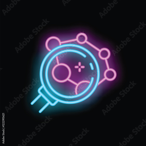 Vibrant neon illustration featuring a magnifying glass examining interconnected nodes within a network