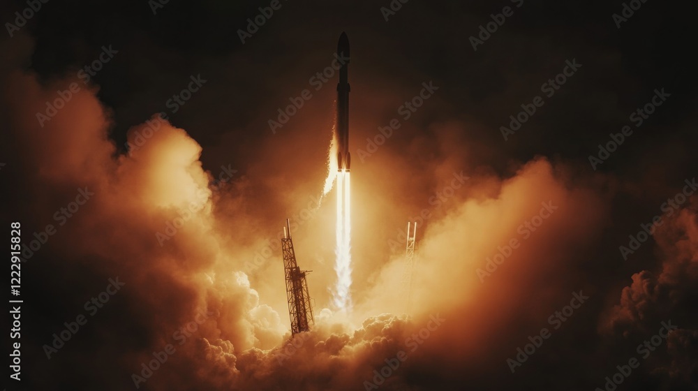 Obraz premium Rocket launch with dramatic flames and smoke against a dark sky perfect for illustrating space exploration and technology advancement.