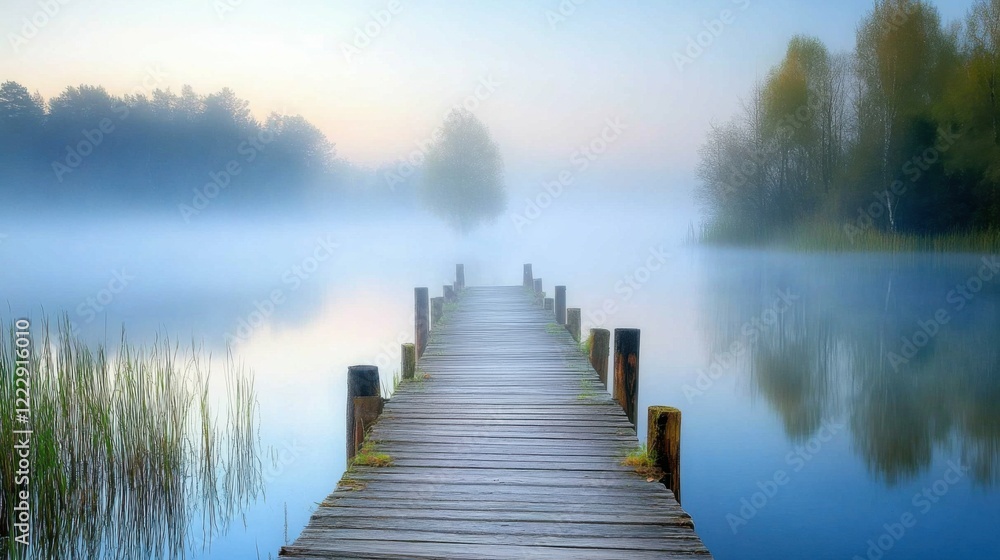 Misty morning on a lake, wooden dock extending into foggy waters; soft, diffused light creating a dreamlike atmosphere. Misty morning on a lake, wooden dock extending into foggy waters; soft, diffused light creating a dreamlike atmosphere.