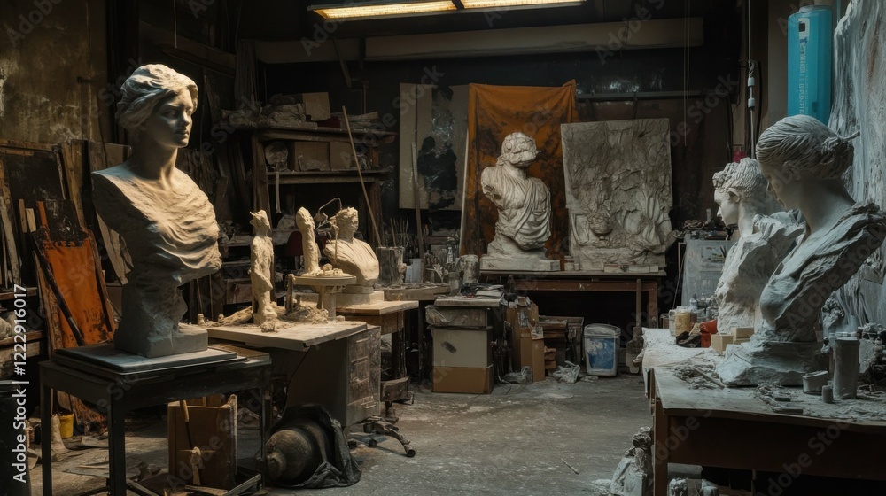 Scene of a workshop with sculptures at different stages of completion, reflecting the journey from concept to creation Scene of a workshop with sculptures at different stages of completion, reflecting the journey from concept to creation