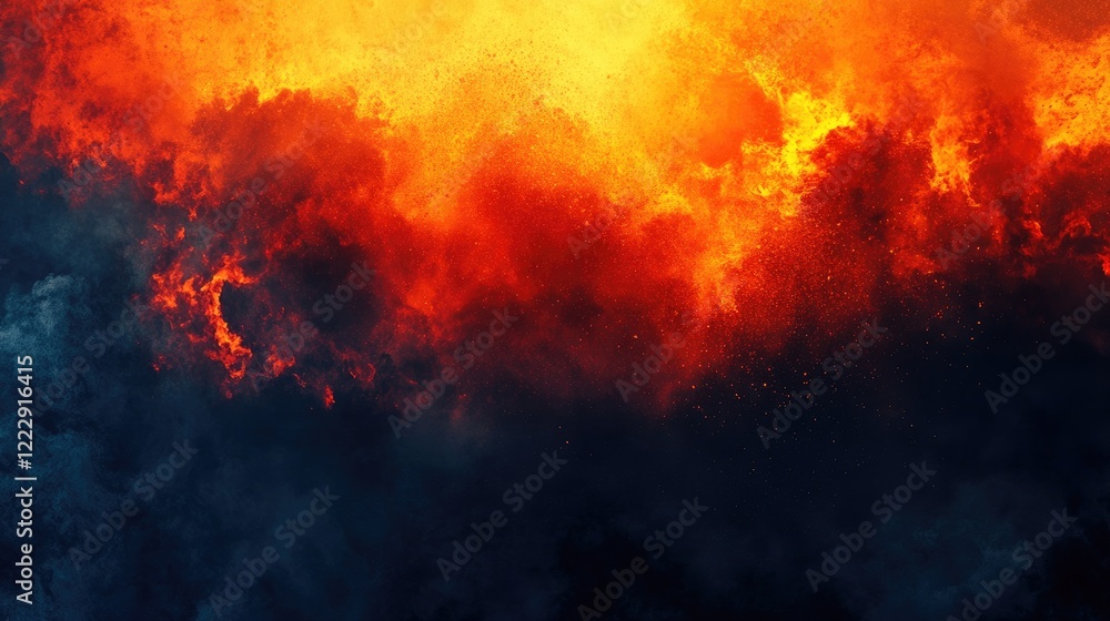 Lava eruption close up with fiery orange and black smoke creating dramatic background suitable for text overlay Lava eruption close up with fiery orange and black smoke creating dramatic background suitable for text overlay
