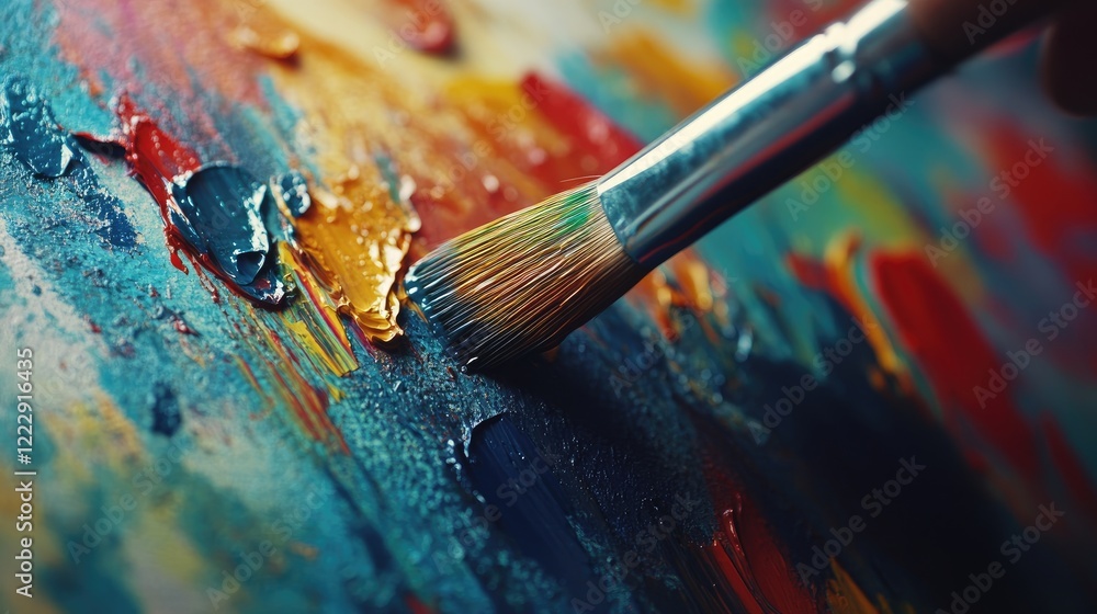 Fototapeta premium Close up of a digital artist's brush applying vibrant paint in a colorful home studio with space for creative text or messaging