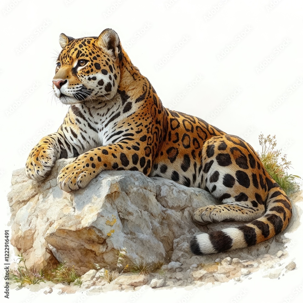 Fototapeta premium A majestic jaguar lounging on a rocky outcrop amidst a natural landscape, showcasing its beautiful fur