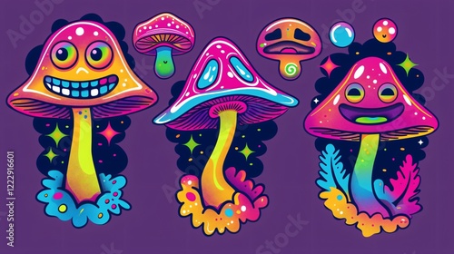 Psychedelic Cartoon Mushroom Emoji Stickers in Retrowave Style
