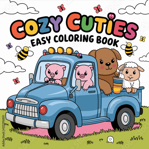 cute coloring book cover, cover, cute kids illustration, cartoon cover, cartoon illustration, kawaii coloring, easy and bold, kawaii cover, cozy, cozy cover, fuzzy, hygge, coloring pages, adult colori