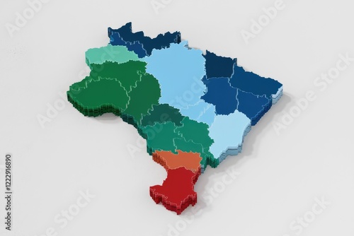 3D model of Brazil showcasing its 26 states, color-coded for easy identification. photo