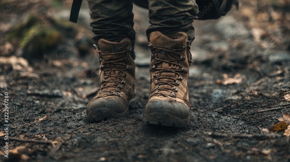 Close up of hiker wearing sturdy boots with backpack on rugged terrain showcasing adventure and exploration themes with space for text Close up of hiker wearing sturdy boots with backpack on rugged terrain showcasing adventure and exploration themes with space for text