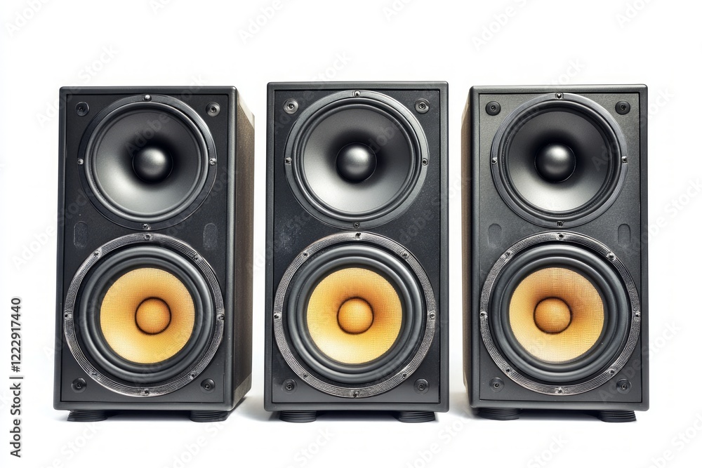 Three Elegant Black Speakers with Vibrant Yellow Cones: High-Fidelity Audio Equipment for Immersive Sound Experiences. Three Elegant Black Speakers with Vibrant Yellow Cones: High-Fidelity Audio Equipment for Immersive Sound Experiences.