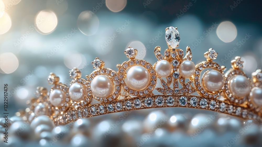 Elegant gold diadem adorned with diamonds and pearls on a bed of pearls with space for text or branding Elegant gold diadem adorned with diamonds and pearls on a bed of pearls with space for text or branding