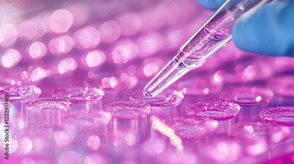 Microbiologist conducting research with pipette on colorful petri dishes in laboratory setting with space for text insertion Microbiologist conducting research with pipette on colorful petri dishes in laboratory setting with space for text insertion