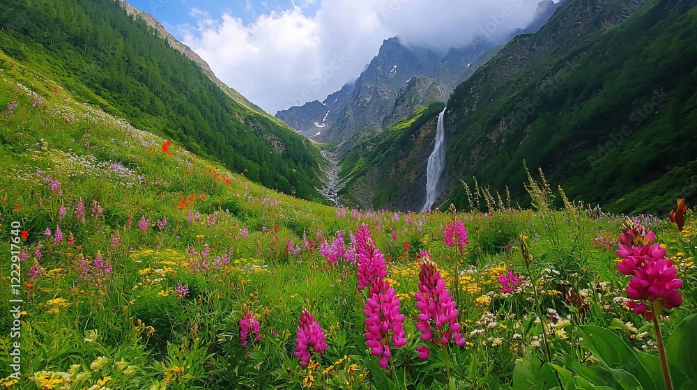 Vibrant Wildflower Meadow with Waterfall in Majestic Mountain Valley Under Cloudy Sky Vibrant Wildflower Meadow with Waterfall in Majestic Mountain Valley Under Cloudy Sky