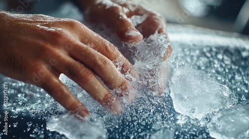 Hands scraping ice from a car window in winter with droplets of water and ice fragments creating an empty space for text or graphics photo