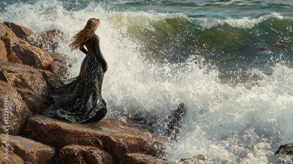 Fototapeta premium Selkie transforming on a rocky shore, her seal skin shimmering as she steps towards the ocean, waves crashing dramatically