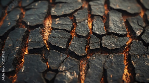 Close-up of cracked earth displaying rich textures and warm colors highlighting dryness. photo