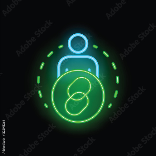 Glowing neon icon of a person holding a big linked chain link, symbolizing teamwork and collaboration