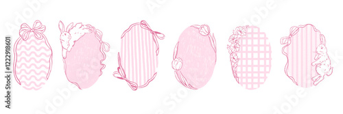 Cute ribbon bow frame, vector hand drawn easter postcard decoration, doodle rabbit, tulip flower. Holiday minimal pink banner, wax crayon pencil texture, floral spring vintage print. Ribbon frame set