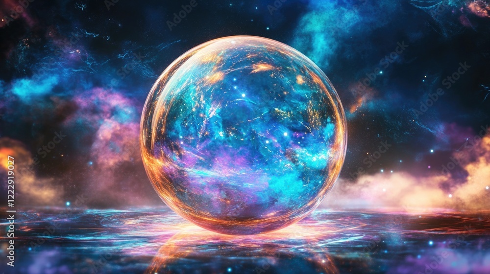 Vibrant reflective sphere displaying a spectrum of colors against a cosmic backdrop with ample space for text placement and creative design. Vibrant reflective sphere displaying a spectrum of colors against a cosmic backdrop with ample space for text placement and creative design.