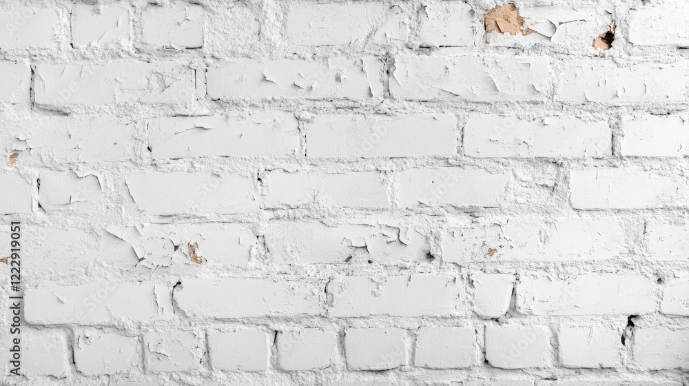 Fototapeta premium Light colored worn brick wall texture with peeling paint providing ample empty space for text placement and design backgrounds.