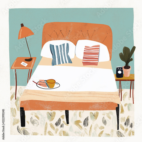 A cute cartoon illustration of a modern bedroom with a houseplant, a neat bed and a dish on it. This inviting aroom has soft tones and fun decor, making it a charming and adorable space. AI-generated photo