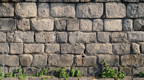 Fortress ramparts with ancient stone texture and greenery providing ample empty space for text or graphic overlays photo