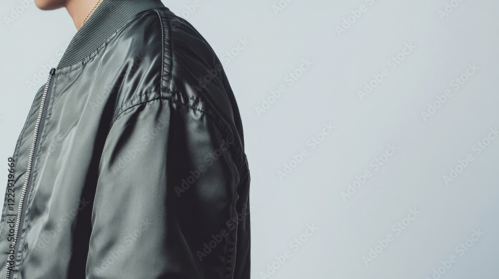 Close-up of bomber jacket shoulder seam on model against light background showcasing texture with space for branding or text insertion Close-up of bomber jacket shoulder seam on model against light background showcasing texture with space for branding or text insertion