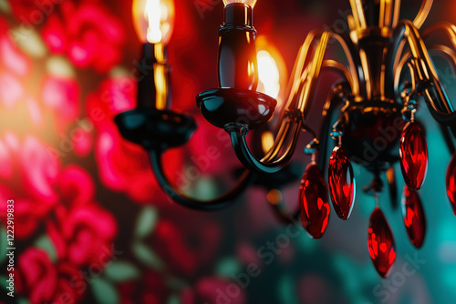 Elegant chandelier with red accents against floral wallpaper in a dimly lit room photo