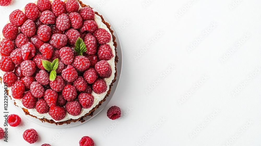 Raspberry Topped Cake with Fresh Berries on White Background and Empty Space for Text Ideal for Desserts or Bakery Promotions Raspberry Topped Cake with Fresh Berries on White Background and Empty Space for Text Ideal for Desserts or Bakery Promotions
